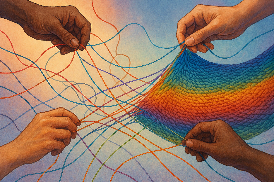 Illustration of four hands weaving colorful threads together, representing complexity, alignment, and collaboration in organizations.