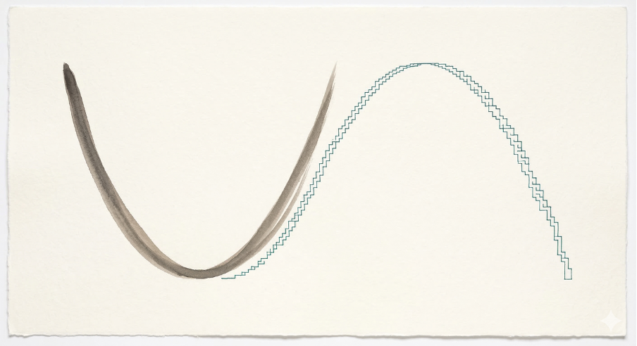 Curved line on a graph, representing a smooth, continuous reality