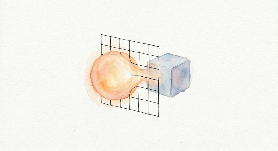 Light orangle circle moving through a grid, connected to a blue cube, symbolizing an idea being turned into a defined, structured form