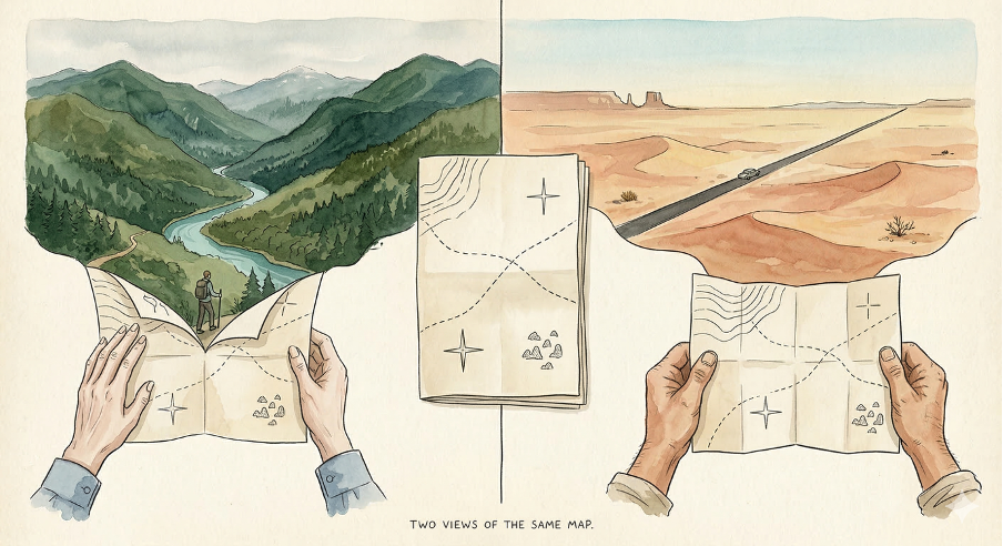 Map and landscape illustration, suggesting navigation through complexity and context