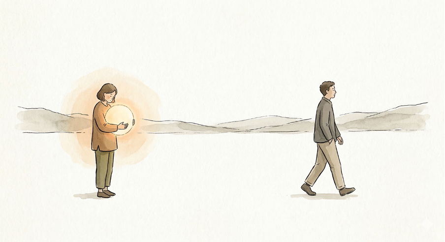 Two people walking across a desert landscape