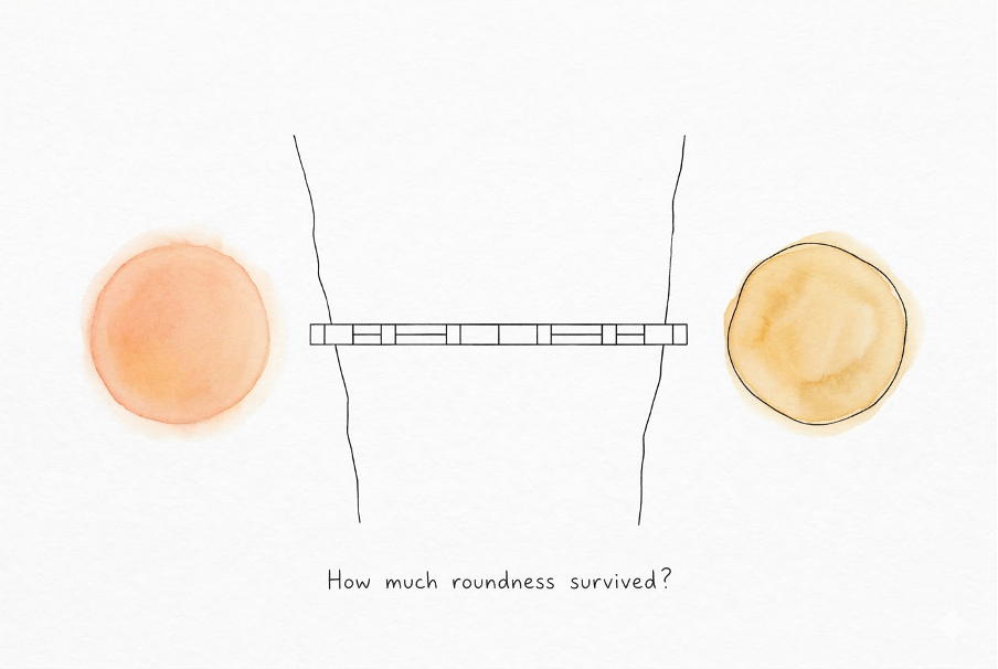 Diagram contrasting a circle and straight-line shapes with a question at the bottom asking, how much roundness survived?